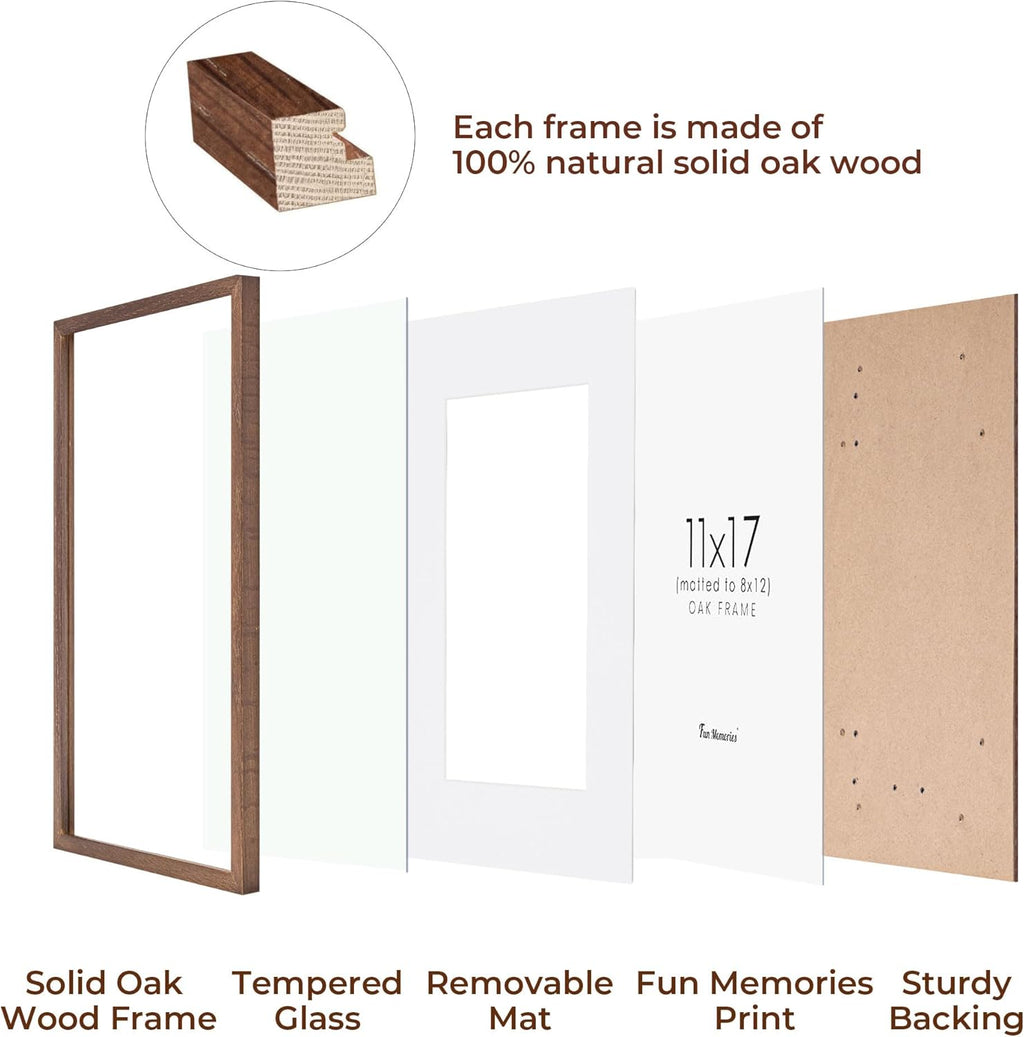 11x17 Picture Frame Set of 3, Solid Oak Wood 11 x 17 Frames with Tempered Glass, 11x17 Frame Matted to 8x12, Rustic Wooden 11 by 17 Poster Frames for Wall