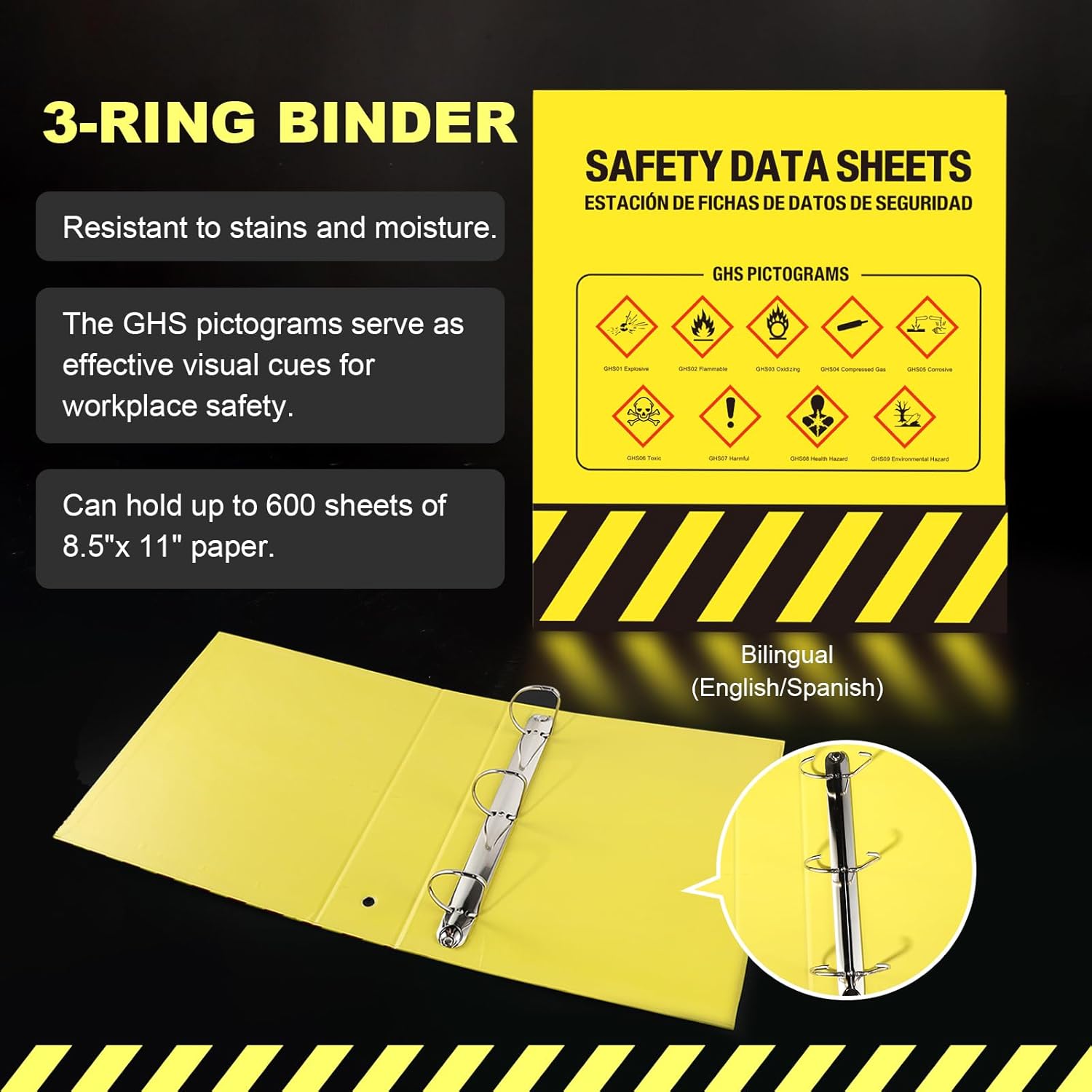 Lontcs MSDS SDS Binder and Wall Station Set,Yellow Heavy Duty 3 Inch Material Safety Data Sheet 3 Ring Binder with SDS Wire Rack and Display Sign,Chain,Safety Posters,MSDS Labels,Binder Wall Mount