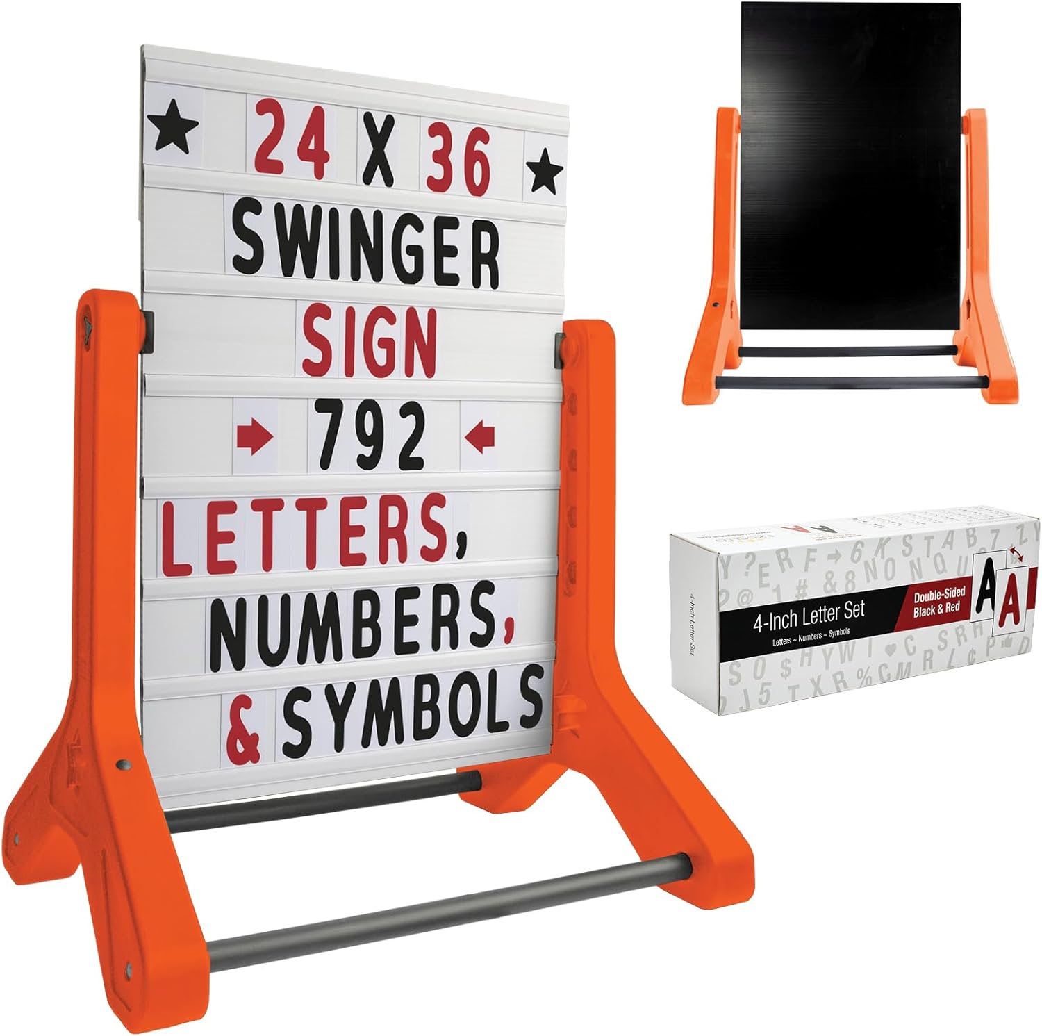 Swinging Changeable Message Sidewalk Sign: 24" x 36" Sign with 792 Pre-Cut Double Sided Letters and Storage Box. Includes Black Board & Letter Board (Orange Color Legs)