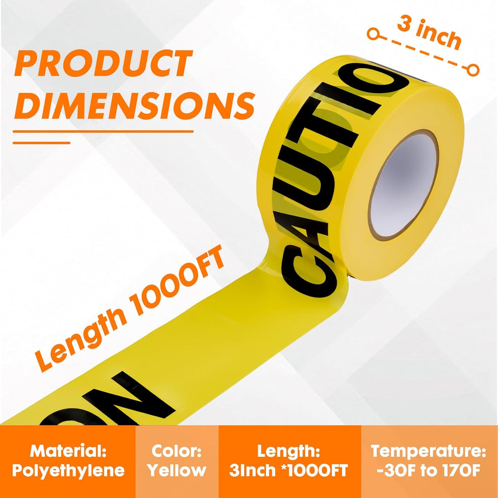 Caution Warning Tape – 3 Inch x 1000 Feet | Bright Safety & Hazard Tape with Bold Black Text for Construction, Events, and Dangerous Areas (Caution, 2 Pack)