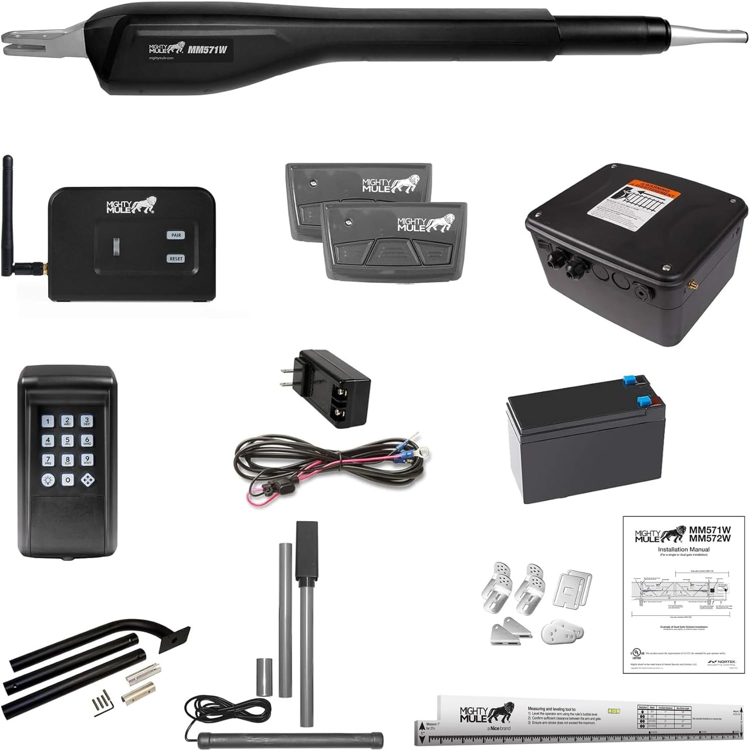 Mighty Mule Gate Opener, Solar and Smart Ready, Heavy Duty Automatic Gate Opener, Gates up to 18ft or 850lb, Single Gate Opener - Estate, Upgraded, MM571W-EST-A
