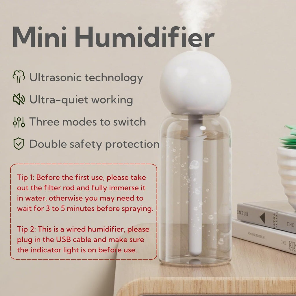 Portable Small Humidifier Dual Nozzle - Large Cool Mist Humidifiers Double Spray Ports, Water Shortage Protection, Ultra-Quiet, Mini Humidifier for Bedroom Plants Office Car Travel (P06)