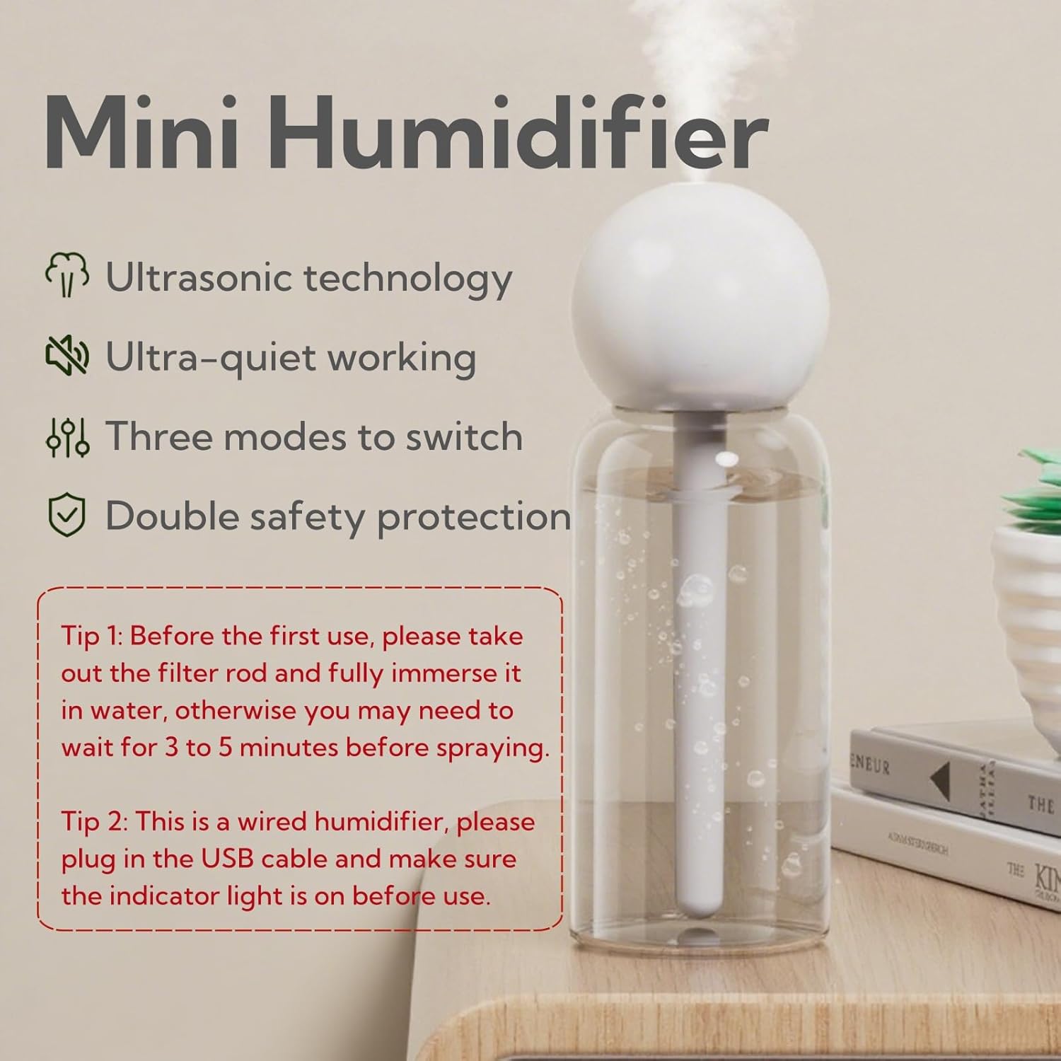 Portable Small Humidifier Dual Nozzle - Large Cool Mist Humidifiers Double Spray Ports, Water Shortage Protection, Ultra-Quiet, Mini Humidifier for Bedroom Plants Office Car Travel (P06)