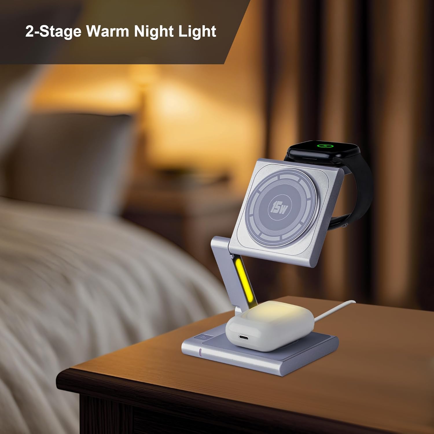Fast Wireless Charging Station, Foldable for Travel w/Light, Modern All Aluminum Alloy Body, 4 in 1 Charger Compatible with MagSafe for Apple iPhone 16/15/14/13/12, AirPods and Apple Watch [Silver]