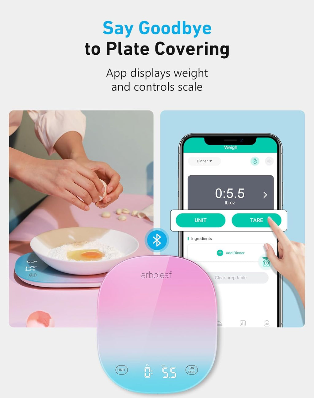 arboleaf Food Scale Rechargeable, Food Scales Digital Weight Grams and oz, Kitchen Scales Digital Weight, Smart Baking Measuring Food Scales for Kitchen Gift, Weight Loss, 0.1oz/0.5g, 22lbs/10kg