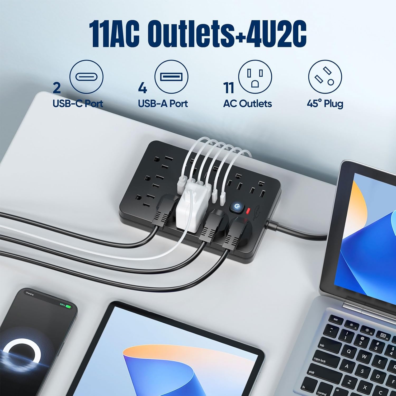 10 FT Flat Plug Surge Protector Power Strip,11 Multiple AC Outlets with 6 USB Ports (2 USB C), 10 Feet Extension Cord, 1250W/10A, One Touch Switch Button, 17 in 1 Compact powerstrip