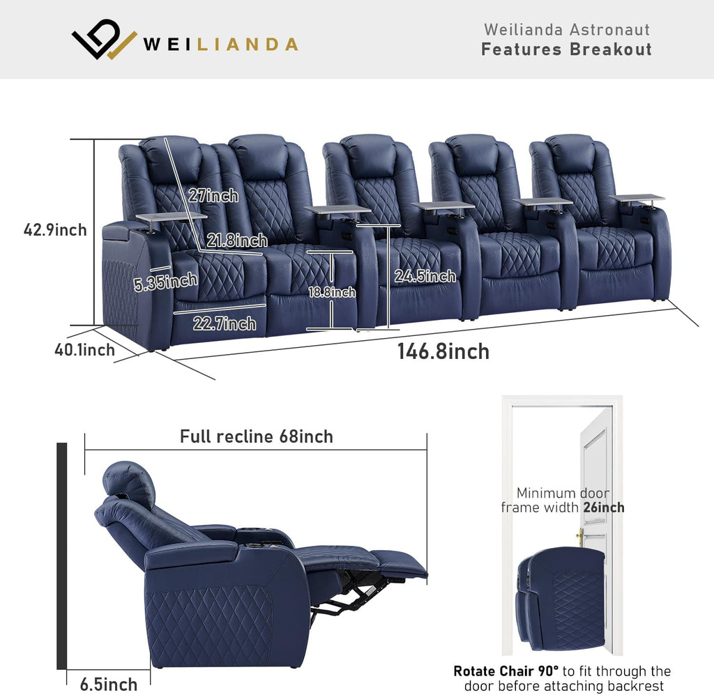Weilianda Home Theater Seating Top Grain Leather Zero Gravity Recliner Chair Power Headrest Recline Movie Seat Gaming 7 Colors Mood Light Sofa with Tray Table USB Charge Row of 5 Loveseat Left Blue