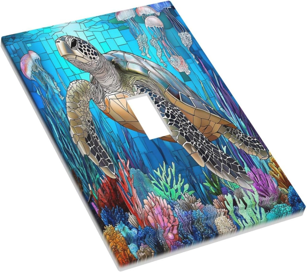 Decorative Light Switch Cover Nautical Sea Turtle Coral Jellyfish 1 Gang Single Toggle Device Electrical Faceplate Switchplates Decorator Outlet Wall Plate For Kids Room Nursery Decor