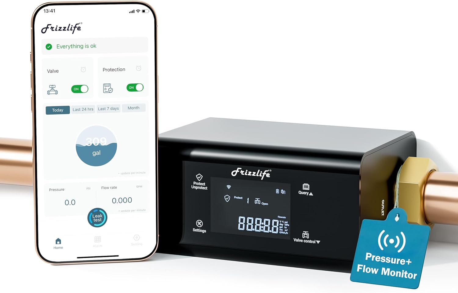 Frizzlife LP365-P Smart Water Monitor and Automatic Shutoff - 0.01 GPM Ultrasonic Micro Leak Detection, Wi-Fi / APP Control, Pressure+Flow Monitoring, 24/7 Water Usage Reports, Fits 3/4" and 1"