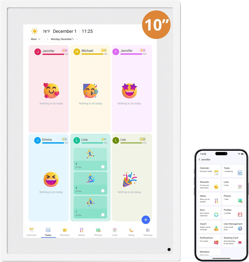 Dragon Touch 10.1 inch Digital Calendar Chore Chart – Interactive Touchscreen, Smart Family Planner, Hearth Display Desk Digital Calendar Seamless Scheduling white
