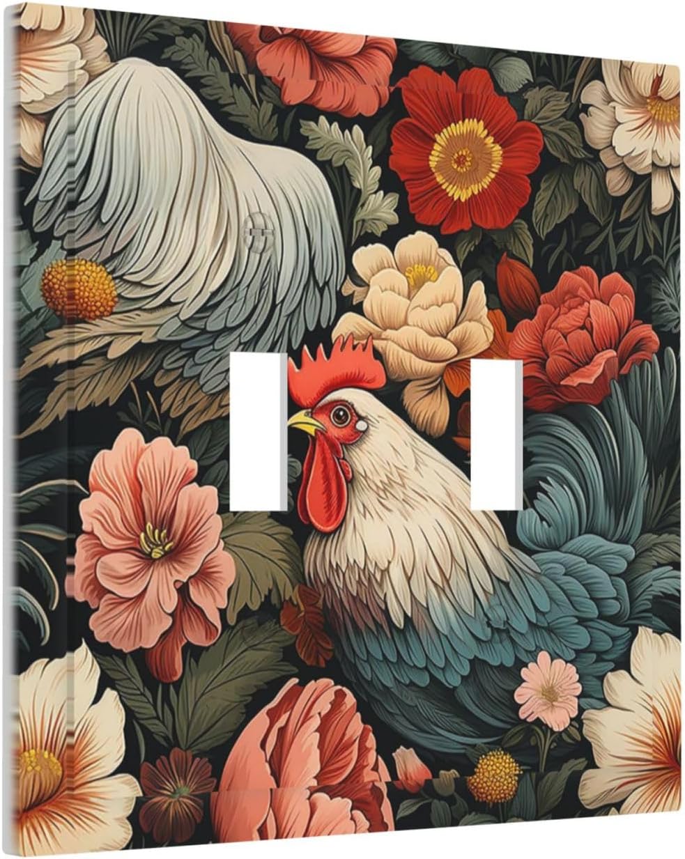 Decorative Switch Plates Rooster Flowers Red White Chicken Floral 2 Gang Double Toggle Outlet Light Switch Cover Wall Plate Electrical Faceplate for living Room Farmhouse Decor