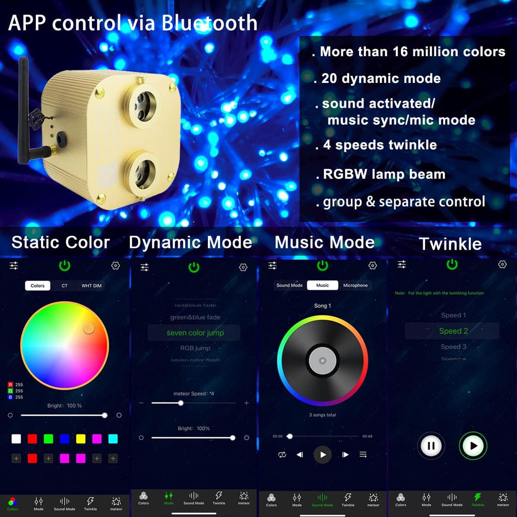 AZIMOM Twinkle Dual Port 20W Fiber Optic Star Ceiling Light Kits 600pcs 0.03in 9.8ft Fiber Strands Sound Activated APP Bluetooth Remote Control Home Indoor Car Starlight Headliner Ceiling Décor
