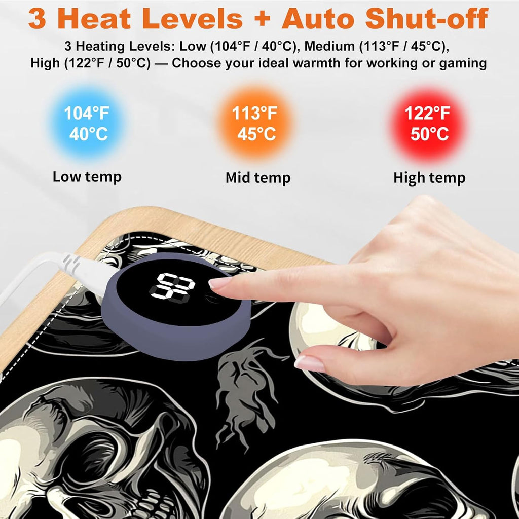 Heated Mouse Pad for Desk 31.5" x 13" – PU Leather Warm Desk Pad with 3 Heat Levels (104°F/113°F/122°F), Plug-in Electric Heating Mat with Auto Shut-Off, Waterproof & Rollable, Skull Pattern
