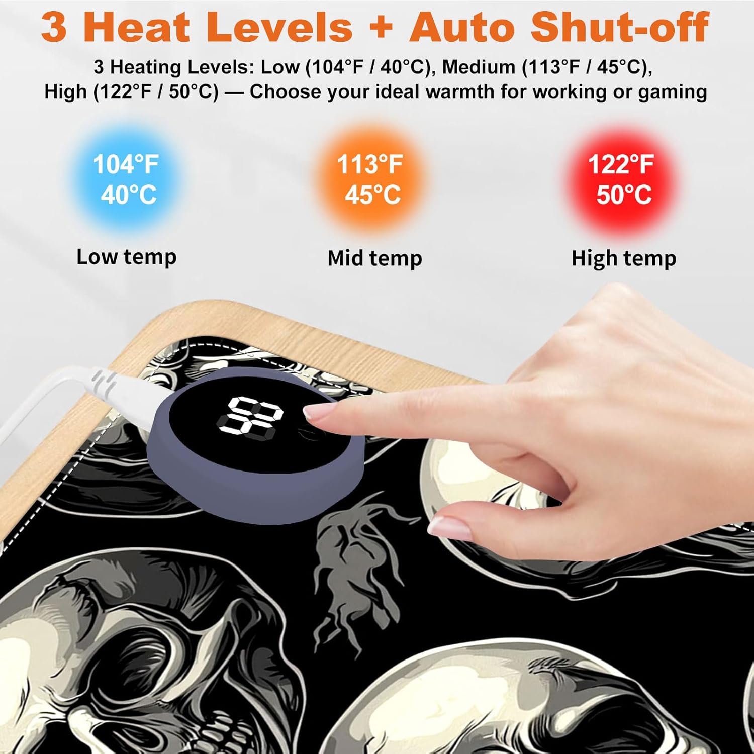 Heated Mouse Pad for Desk 31.5" x 13" – PU Leather Warm Desk Pad with 3 Heat Levels (104°F/113°F/122°F), Plug-in Electric Heating Mat with Auto Shut-Off, Waterproof & Rollable, Skull Pattern
