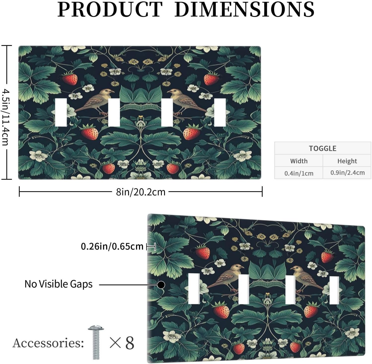 Light Switch Covers Strawberry Birds Flowers Plant Morris Floral Quad Toggle Electrical Faceplate 4 Gang Wall Plate Decorative Switch Plates for Bedroom Farmhouse Decor