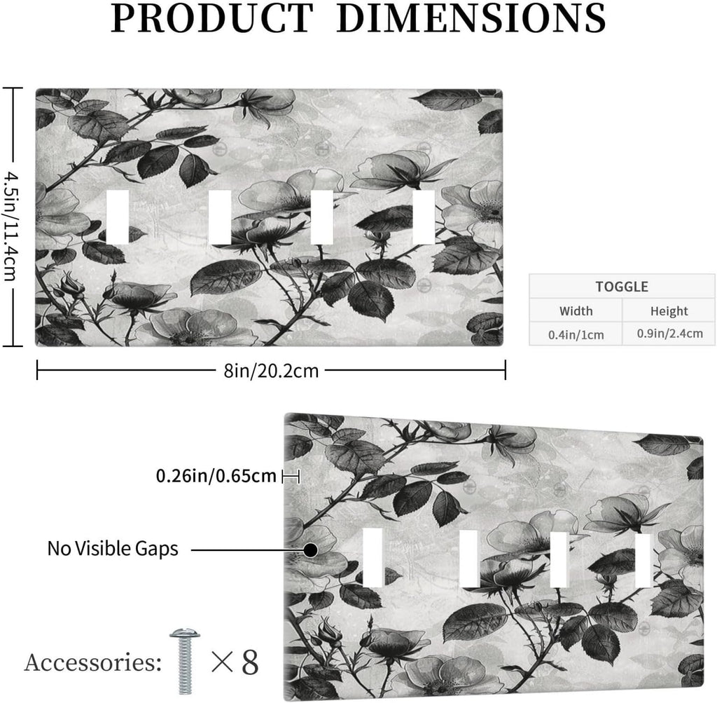 Light Switch Covers Black Breezy Watercolor Garden Floral Quad Toggle Electrical Faceplate 4 Gang Wall Plate Decorative Switch Plates for Bedroom Home Decor