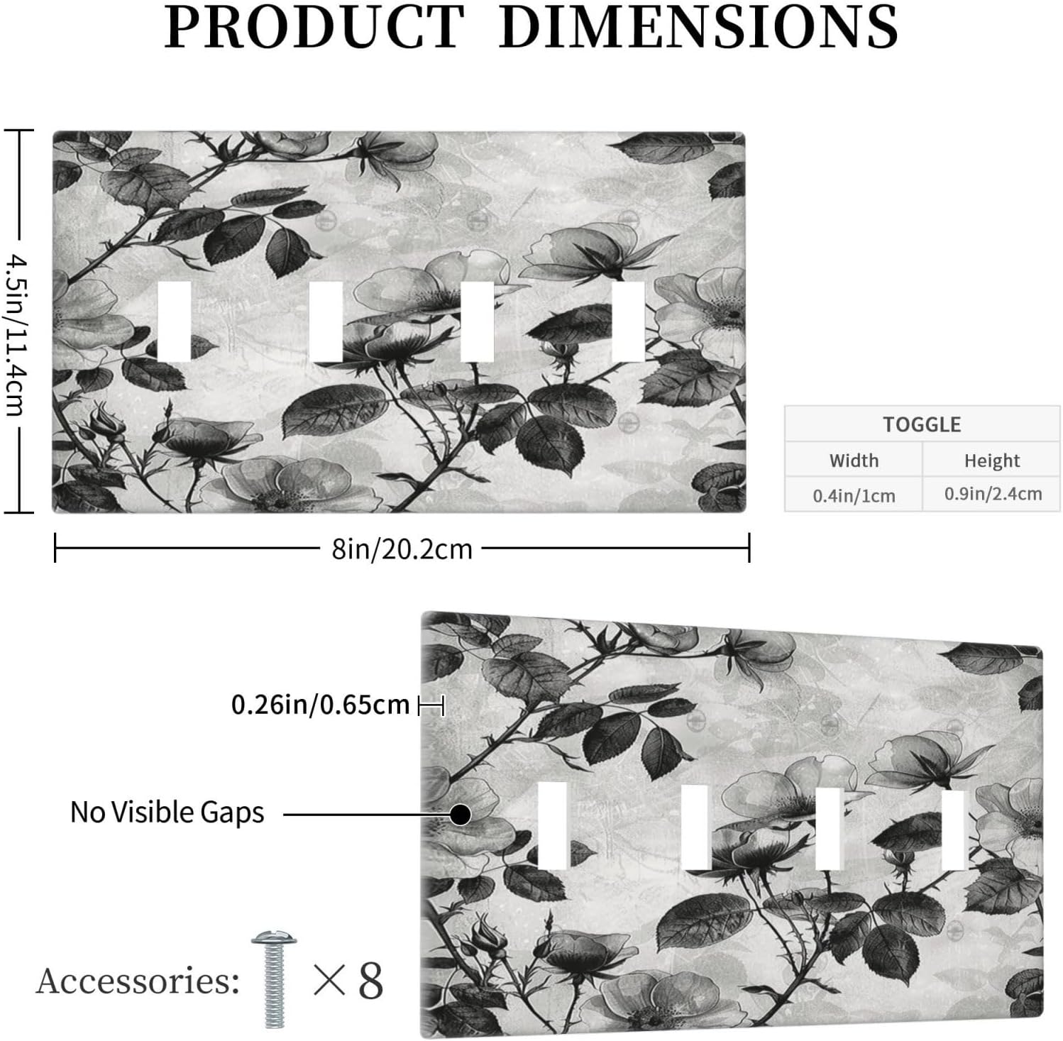 Light Switch Covers Black Breezy Watercolor Garden Floral Quad Toggle Electrical Faceplate 4 Gang Wall Plate Decorative Switch Plates for Bedroom Home Decor