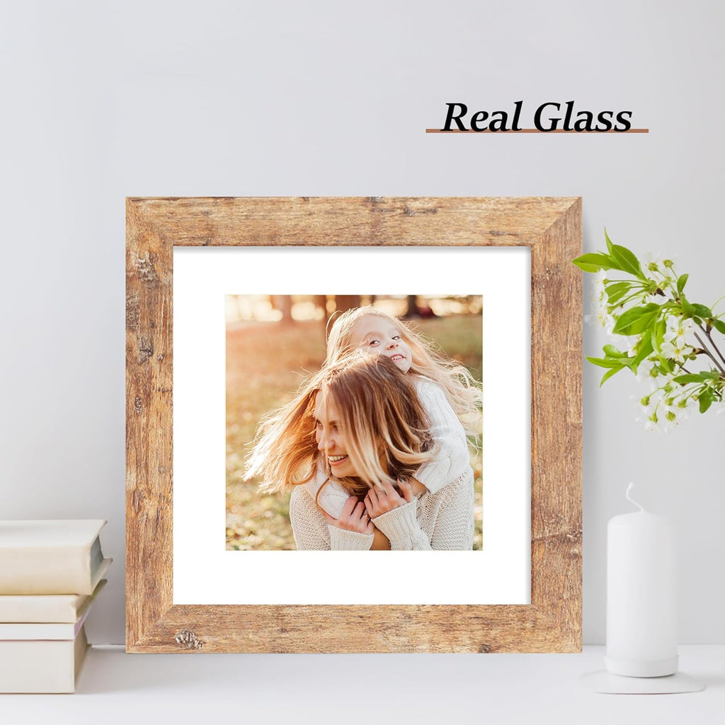 iRahmen 8x8 Picture Frame Set of 4 with HD Glass, Display 6x6 Pictures with Mat or 8 x 8 Without Mat, Square Wood Photo Frame for Wall Mount and Tabletop Display