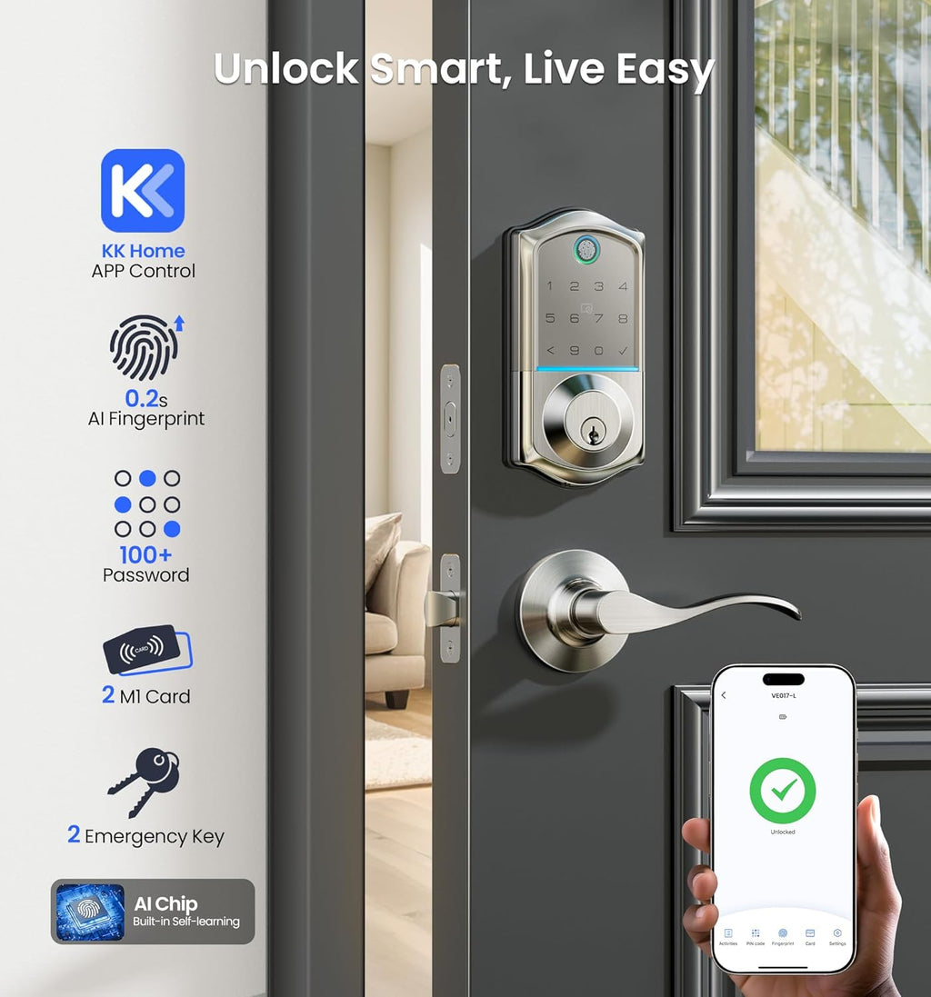 Veise VE017-L Fingerprint Smart Lock with 2 Lever Handles, Keyless Entry Front Door Lock Set, App Control, Electronic Digital Keypad Deadbolt, Easy Installation, Emergency Power Port, Satin Nickel