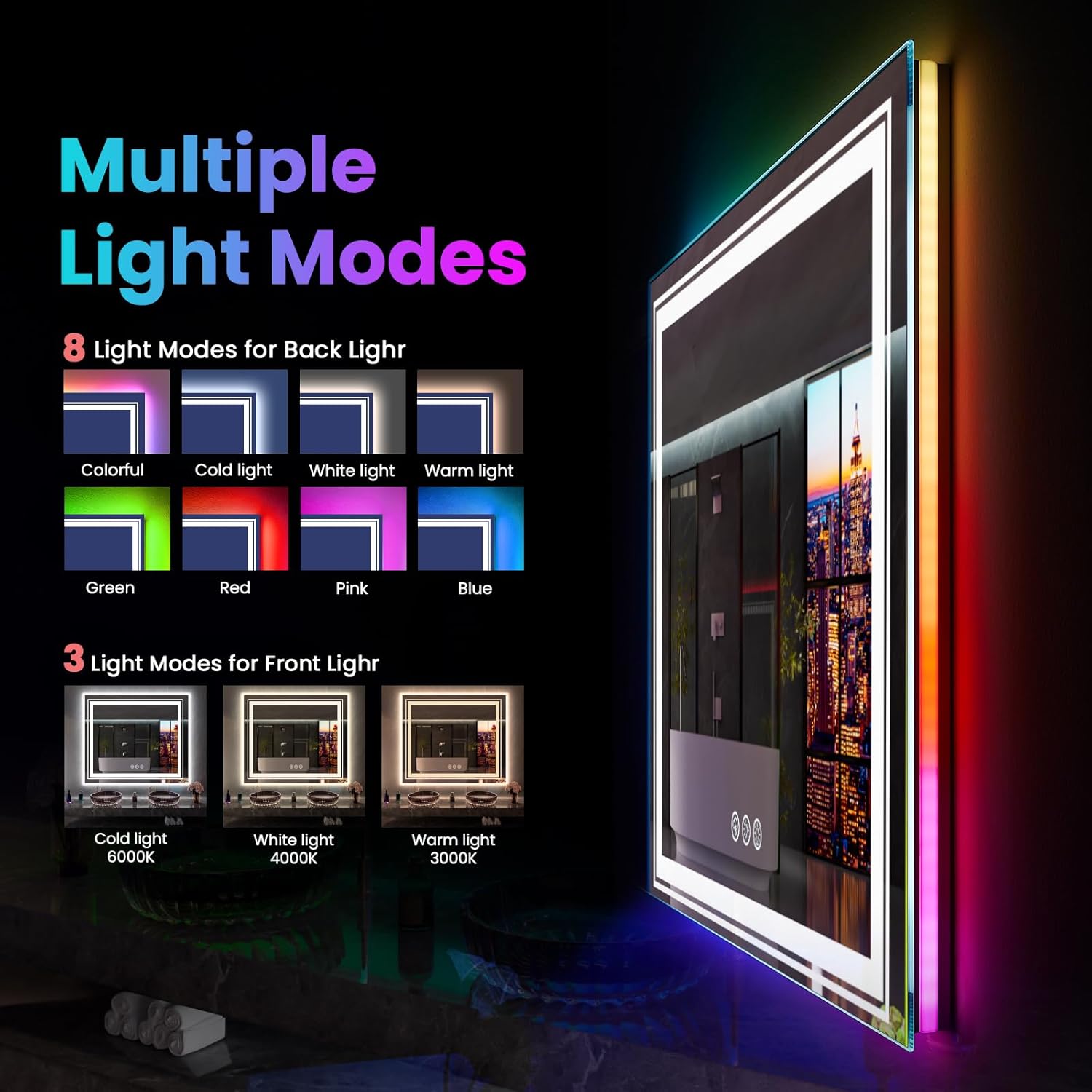 LED Mirror for Bathroom, 60"X30" with 8 RGB Backlit +3 Front Lit (Adjustable Individually), Anti-Fog, Large Lighted Bathroom Vanity Mirror for Wall,Shatterproof,Memory Function,Tempered Glass