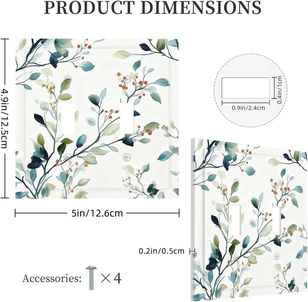 Decorative Light Switch Cover Plate Eucalyptus Leaf Geen Sage Leaves 2 Gang Outlet Covers Double Toggle Wall Plates for Electrical Outlets Switch Plate Covers Faceplate for Bedroom Home Decor