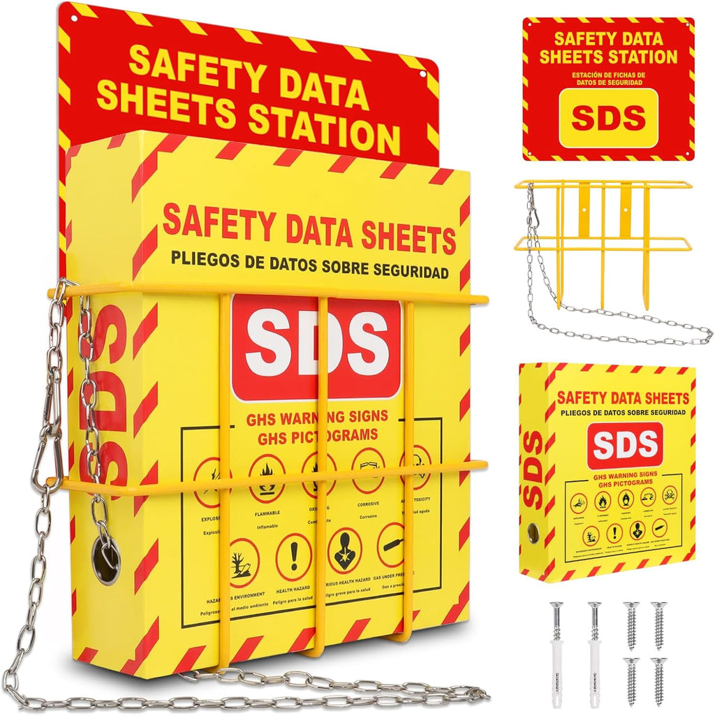 SDS MSDS Binder and Wall Station Bilingual Yellow 2 Inch Safety Data Sheet 3 Ring Binder with SDS Wire Rack Chain Self-tapping Screws SDS Station Sign Wall Mounted for Workplace English Spanish