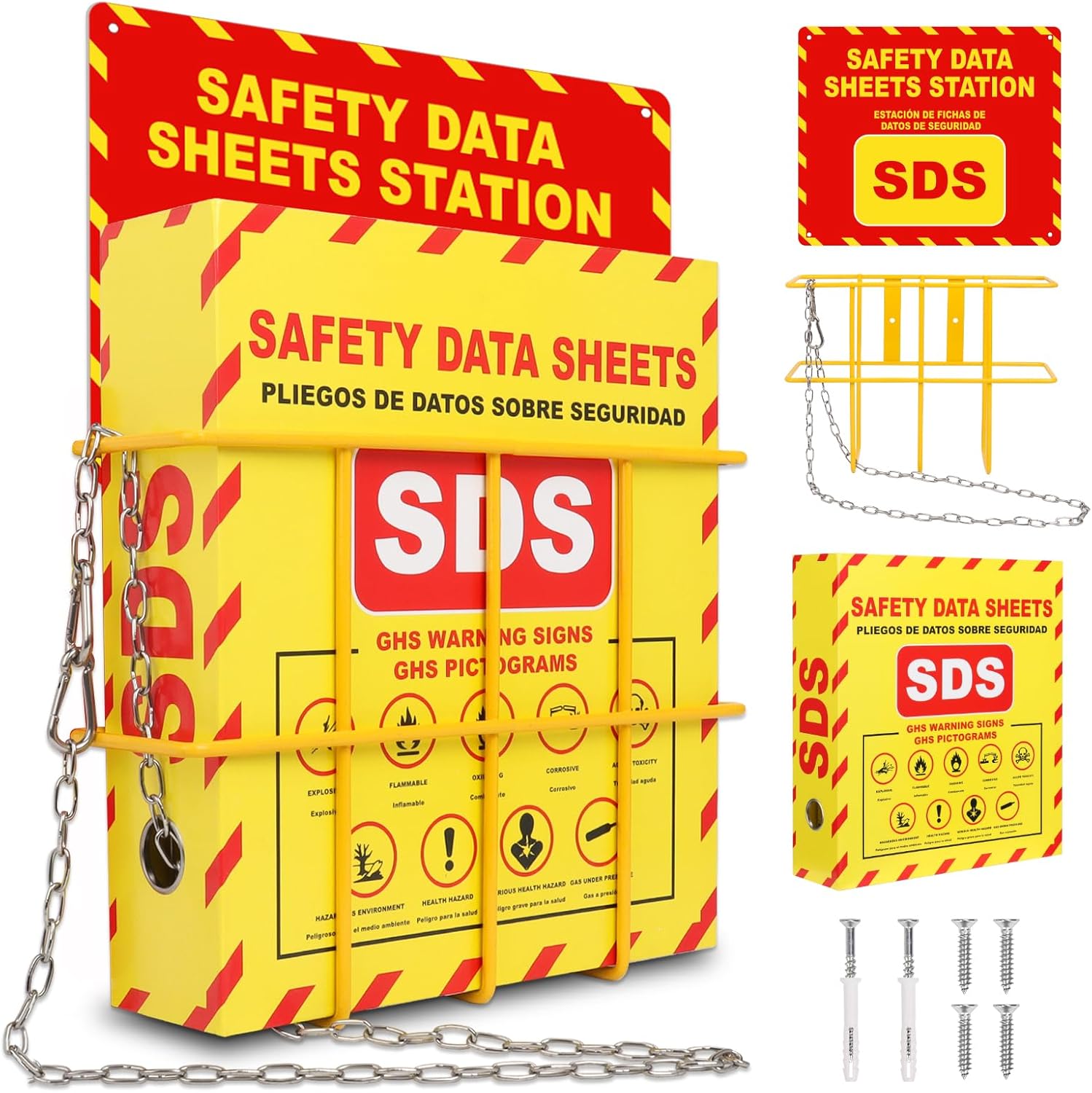 SDS MSDS Binder and Wall Station Bilingual Yellow 2 Inch Safety Data Sheet 3 Ring Binder with SDS Wire Rack Chain Self-tapping Screws SDS Station Sign Wall Mounted for Workplace English Spanish