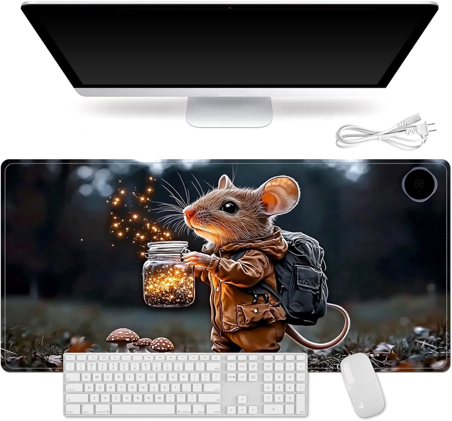 Small Heated Desk Pad 23.6" x 14.2" – Compact Electric Mouse Pad with 3 Heating Levels, Auto Shut-Off, Waterproof PU Surface, Plug-in Warmer for Office or Home Use, Mouse with Lantern