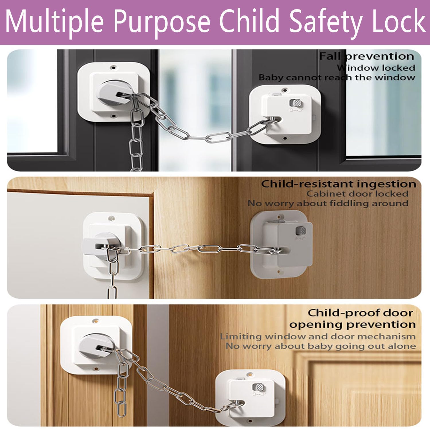 Child Proof Door Lock with Adjustable Strap, Cat Door Latch 3M Adhesive Safety Locks for Baby, Dementia & Pets, No Tools Needed 4 Pack
