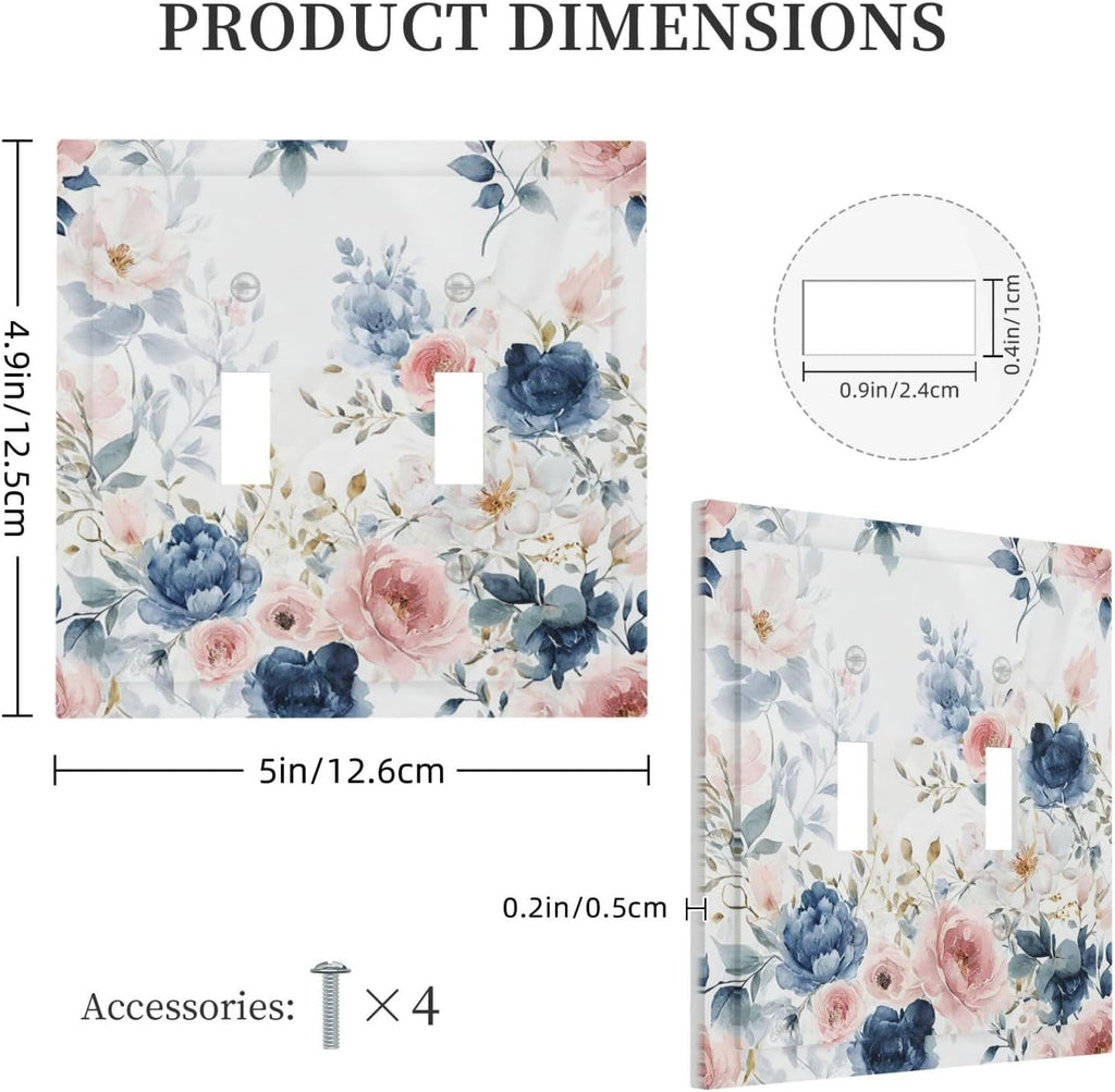 Elegant Watercolor Pink Blue Flowers Floral 2 Gang Double Toggle Light Switch Cover Decorative Switchplate Electrical Wall Plates Faceplate for Bathroom Bedroom Decor 4.9 X 5 IN