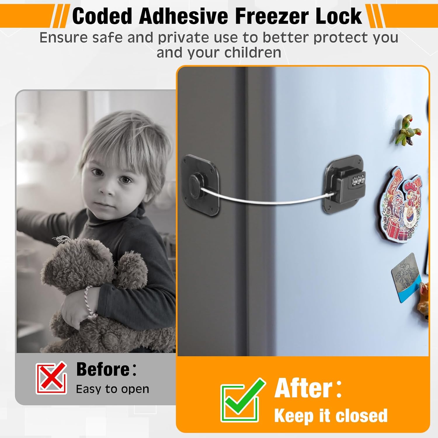 8 Pack Fridge Lock Heavy Duty Locks for Fridge Freezer Lock for Child Safety Cabinet Coded Adhesive Combination Refrigerator for Drawers Cabinet Window Easy Install No Drilling Black(Black)