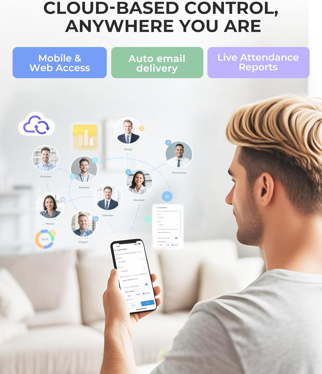 NGTeco Cloud Time Clock for Employees Small Business, Remote Control Fingerprint Time Clocks, Customization Rule Clock in Machine with Software ＆ iOS/Android App, 2.4G WiFi, No Monthly Fee, White