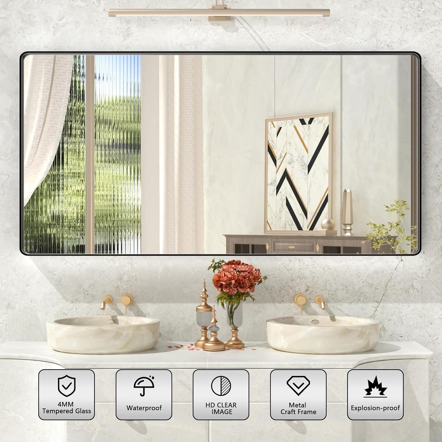 55x30 Inch Black Metal Framed Bathroom Mirror for Wall, Large Matte Black Bathroom Vanity Mirror,Rounded Rectangle Mirror,Anti-Rust,Tempered Glass (Horizontal/Vertical)