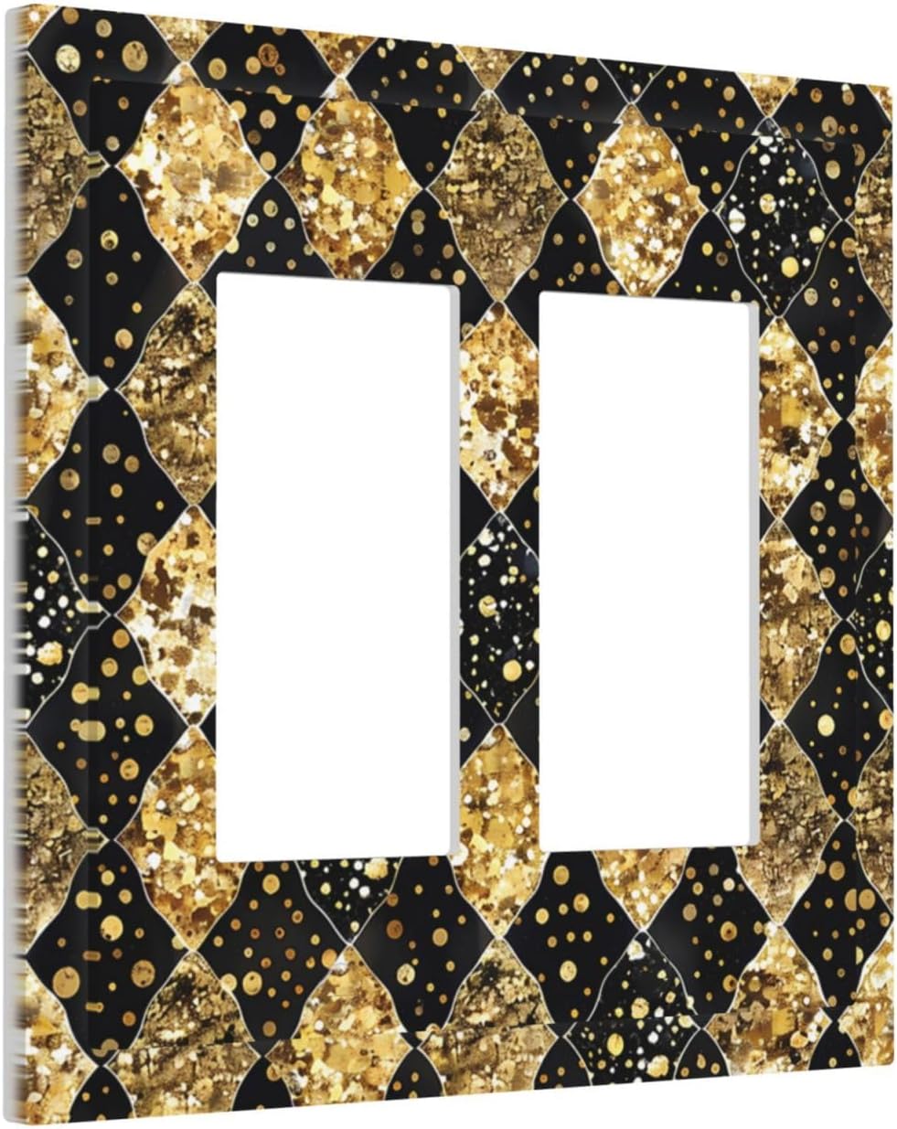 Gold Black Marble Geometric Plaid Glitter Decorative Outlet Covers 2 Gang Double GFCI Rocker Light Switch Cover Plate Electrical Wall Panels for Bedroom Bathroom Decor