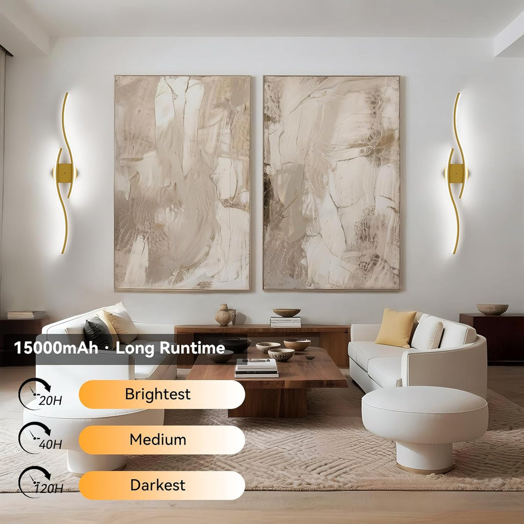 hunhun Battery Operated Wall Sconces Set of Two, Wireless Wall Sconce with Remote Control, Gold Rechargeable Sconces 3000K-6500K, RGB Dimmable Wall Lights for Living Room, Hallway, Bedroom