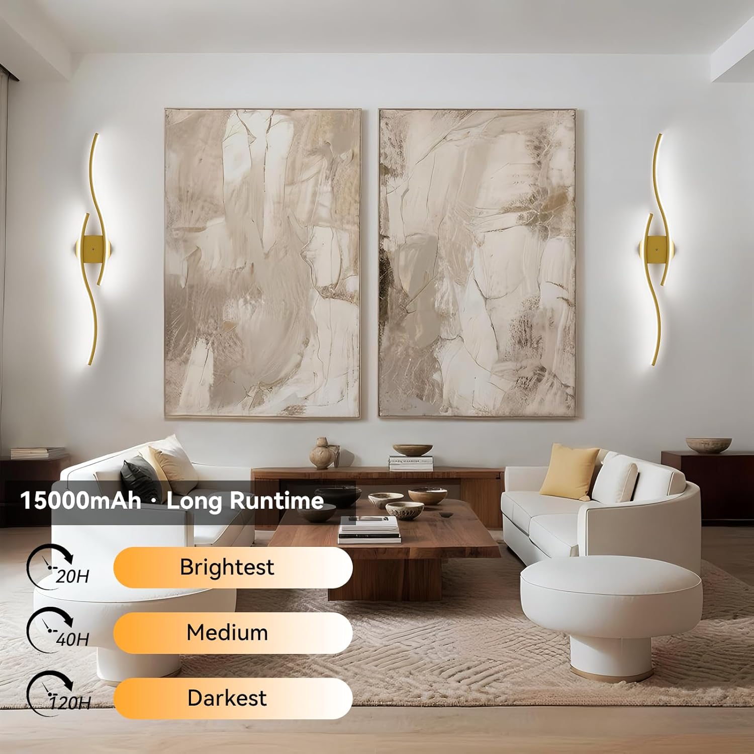 hunhun Battery Operated Wall Sconces Set of Two, Wireless Wall Sconce with Remote Control, Gold Rechargeable Sconces 3000K-6500K, RGB Dimmable Wall Lights for Living Room, Hallway, Bedroom