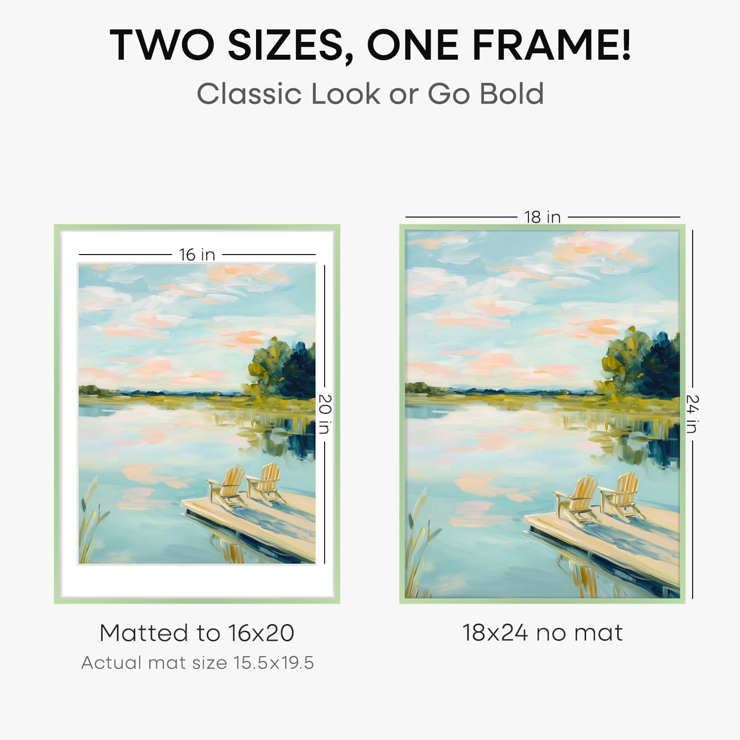 Homeforia 18x24 Frame Sage Green, High End Metal 18x24 Poster Frames with Mat 16x20 inch Photo, 18 x 24 Sage Green Picture Frame Matted to 16 by 20 Art, 24x18 Frame, Tempered Glass, Wall Kit, Set of 1