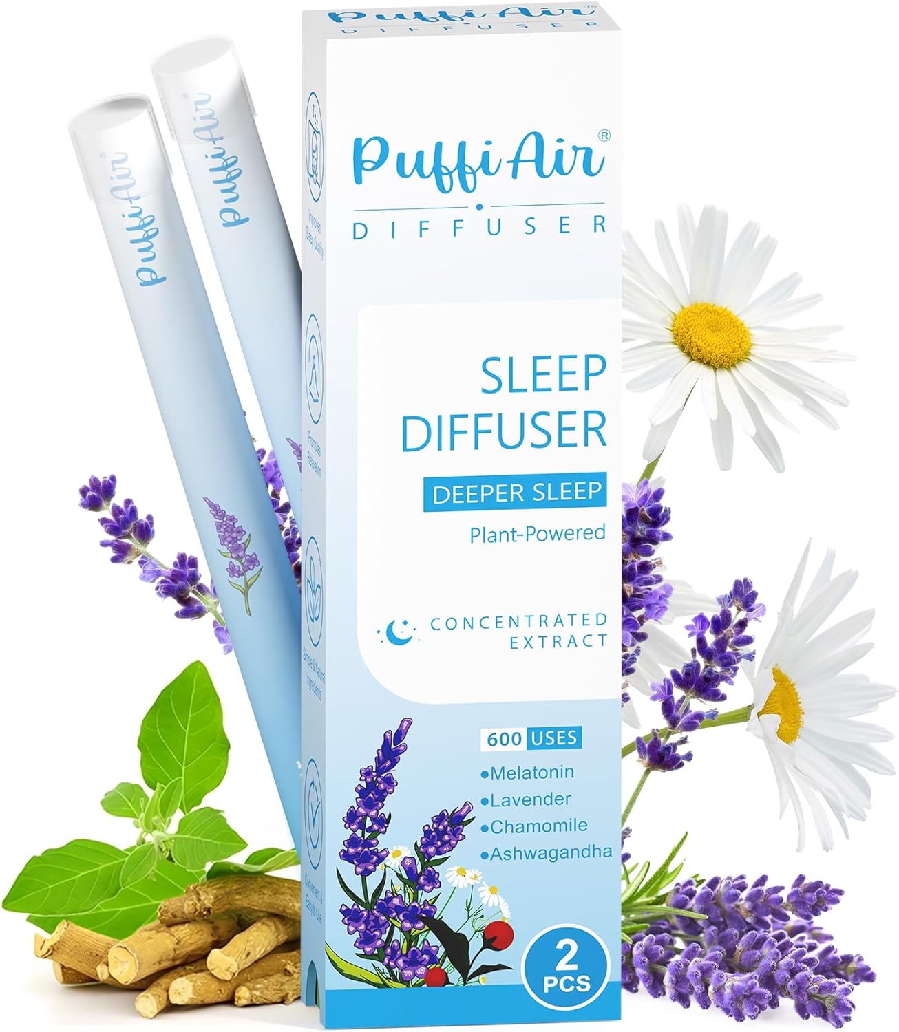 Herbal Anxiety Pen - Melatonin Diffuser with Lavender, Chamomile & Ashwagandha for Sleep Support & Stress Relief - 600 Uses 2 Sticks
