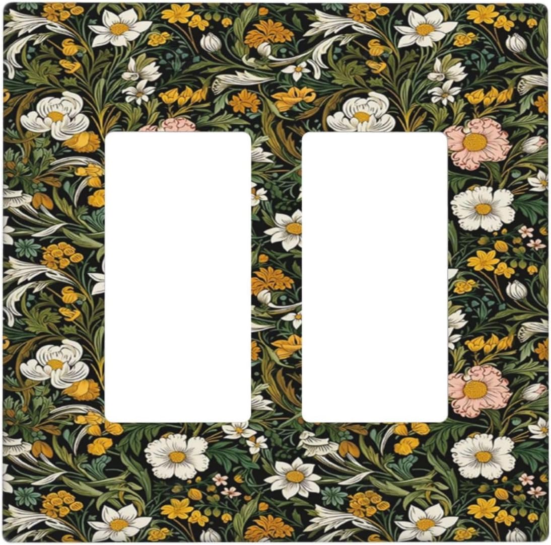 Decorative Outlet Covers Rustic Green Leaf White Daisy Yellow Floral 2 Gang Light Switch Cover Plate Double Rocker Wall Plate Switch Plate Covers Faceplate for Bedroom Home Decor