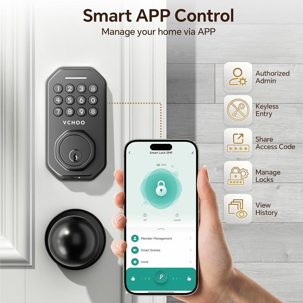 Keyless Entry Door Lock with Handle, App Control Door Locks for Front Door, Auto Lock Keypad Door Lock with Handle, Smart Door Lock for Home Hotel Bedroom with 2 Door Knobs
