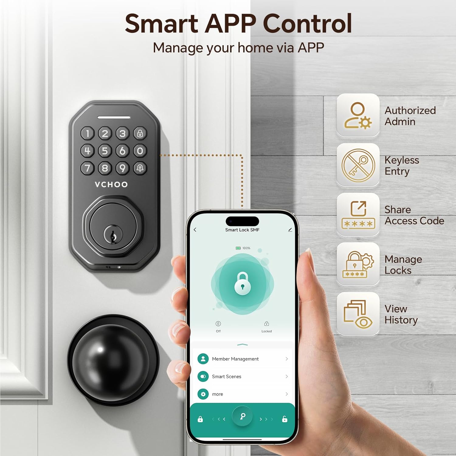 Keyless Entry Door Lock with Handle, App Control Door Locks for Front Door, Auto Lock Keypad Door Lock with Handle, Smart Door Lock for Home Hotel Bedroom with 2 Door Knobs
