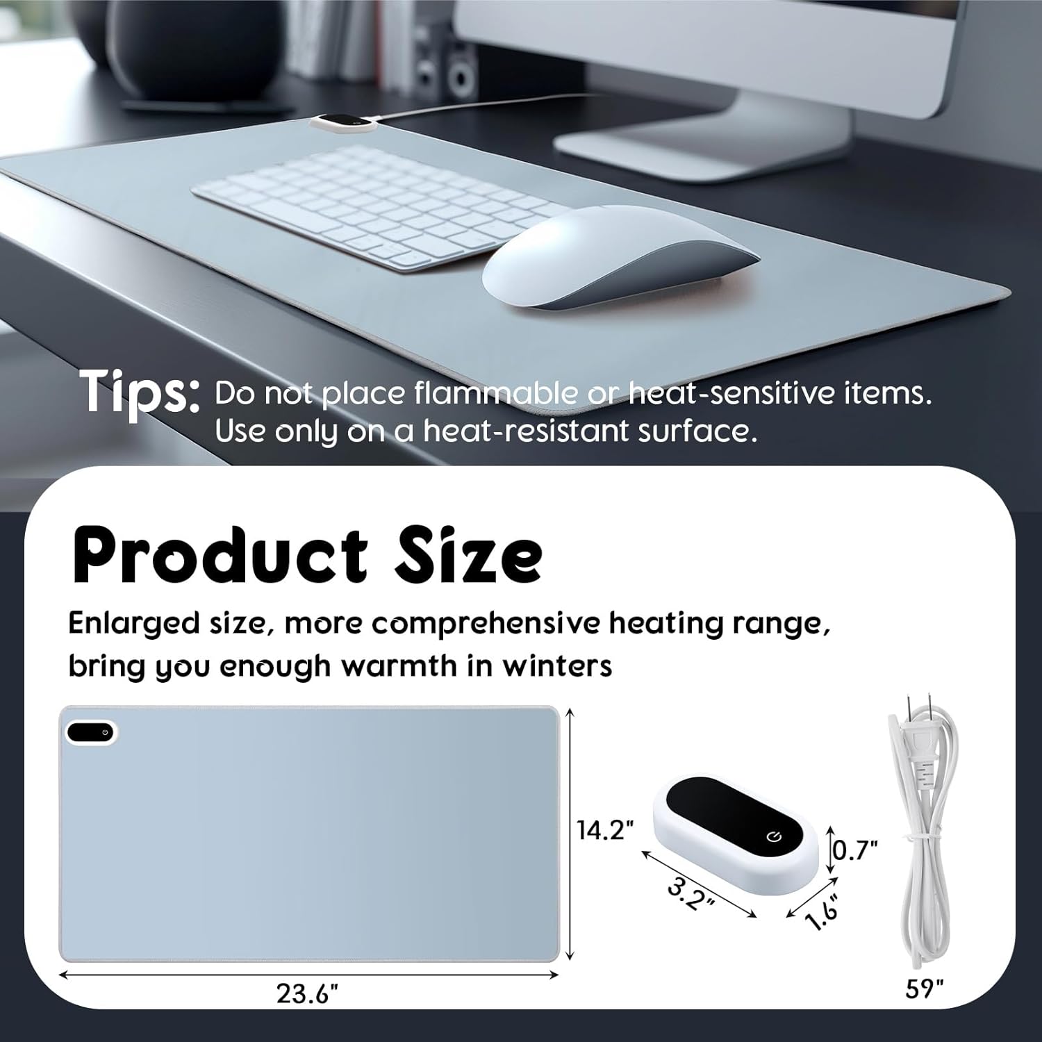 Konohan Heated Large Desk Mat PU Leather Warm Mouse Pad with 5 Heating Level & 4 Hour Auto Shut-Off Heating Keyboard Pad Warmer Gaming Mice Mat Only Supports 110v(Gray-Blue Color,23.6"x 14.2")