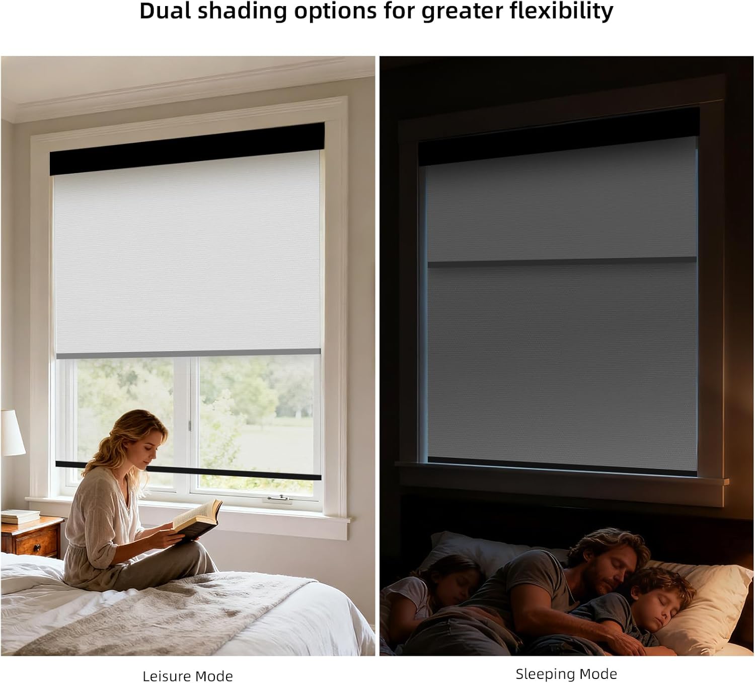 ZSTARR Motorized Day and Night Dual Smart Blind for Window with Valance Rechargeable Motor,Blackout Roller Shade Custom Size,with Valance Suitable for Home,Office (Full Blackout Black)