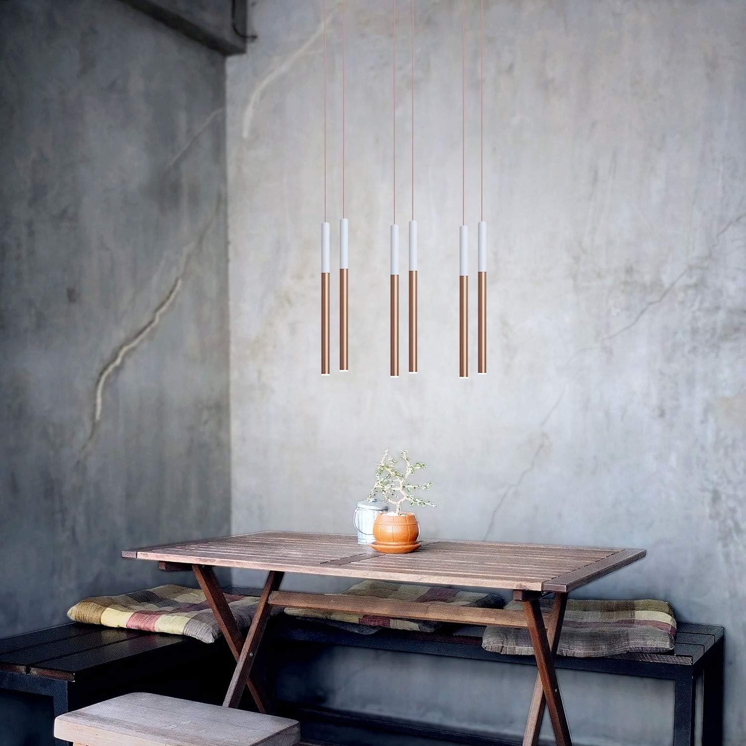 ALTAIR 6 Mini Pendant Lighting White-Copper - LED Hanging Light Fixture for Kitchen Island, Bar, Foyer - Cluster Pendants - Dimmable, Adjustable Wire, Lamp Bulb Included