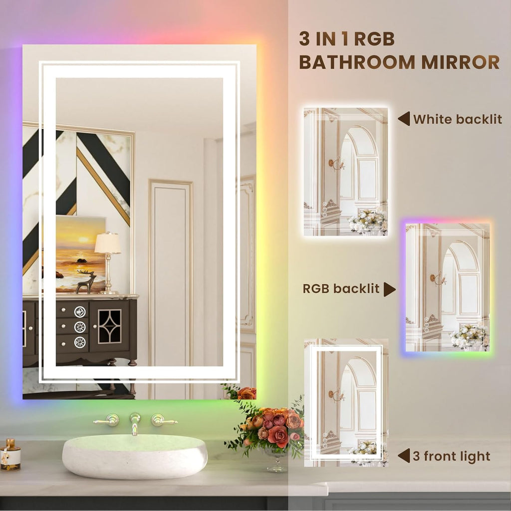 WTTY RGB LED Bathroom Mirror 24"x36" with Backlit and 3 Front Light,Stepless Dimmable LED Mirror for Bathroom,Lighted Bathroom Vanity Mirror for Wall,Anti-Fog,Memory Function,Shatter-Proof