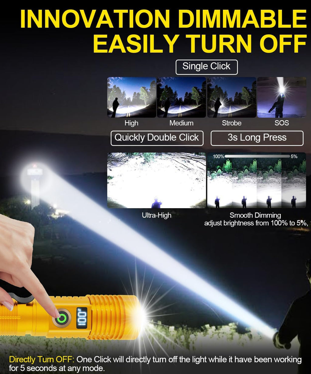 Rechargeable Flashlight High Lumens-Super Bright Magnetic Flash Light with Power Digital Display, Long Range,Dimmable,Waterproof,Pocket LED Flashlights for Emergency Camping 2PC Gold