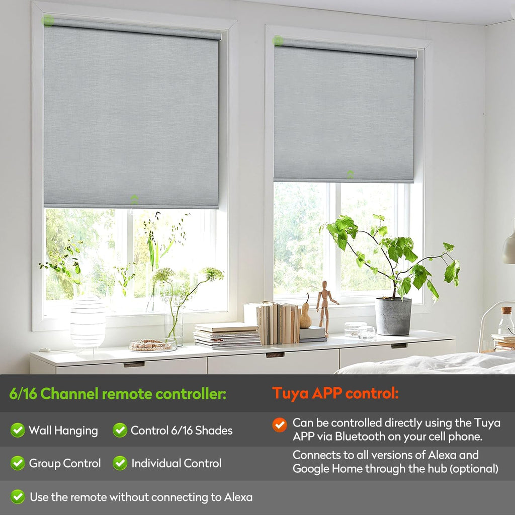 ZSTARR Motorized Blackout Roller Blinds with Remote Control,Rechargeable Smart Window Shades Compatible with Alexa Google via Hub,Fabric Wrapped Valance, Custom Size (Smoke Grey)