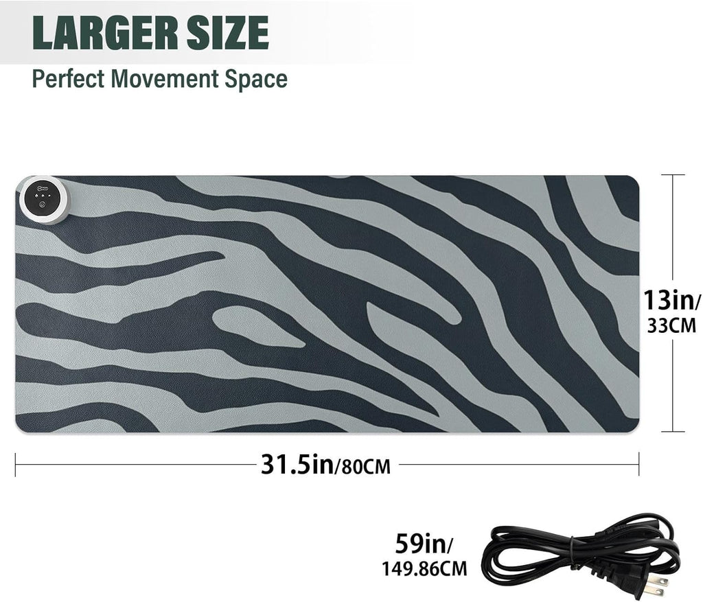 Heated Desk Pad Mouse Pad 31.5x13 Inch PU Leather Desk Mat with 3 Heat Levels Large Mouse Gaming Computer Laptop Mat Grey Zebra Print