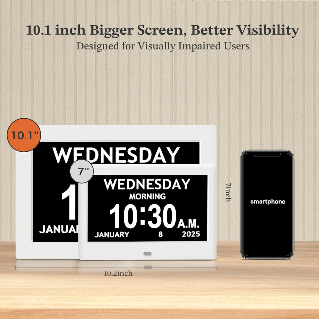 10.1'' Digital Clock, 1280*800p HD Extra Large Display, Dementia Clock For Seniors, 10 Reminders & 6 Alarms, Auto Dimming & DST, Remote Control, Digital Clock With Date, Time, Day Of Week, White