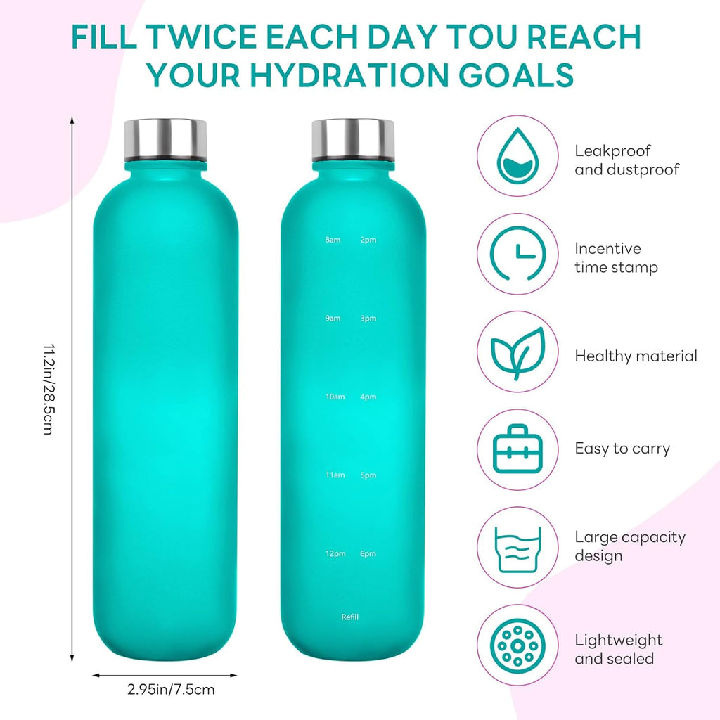 1L（33 oz） daily tracking schedule time hours reminder motivational day goals hydration capacity measured marker tracker plastic wide mouth measurements water bottle